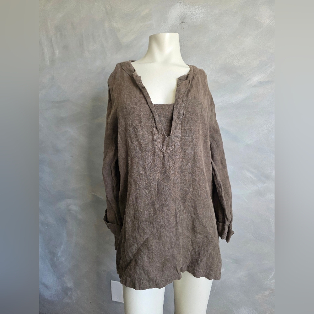 Linen Tunic Blouse Hot Cotton Marc Ware Made Womens XL Taupe Brown